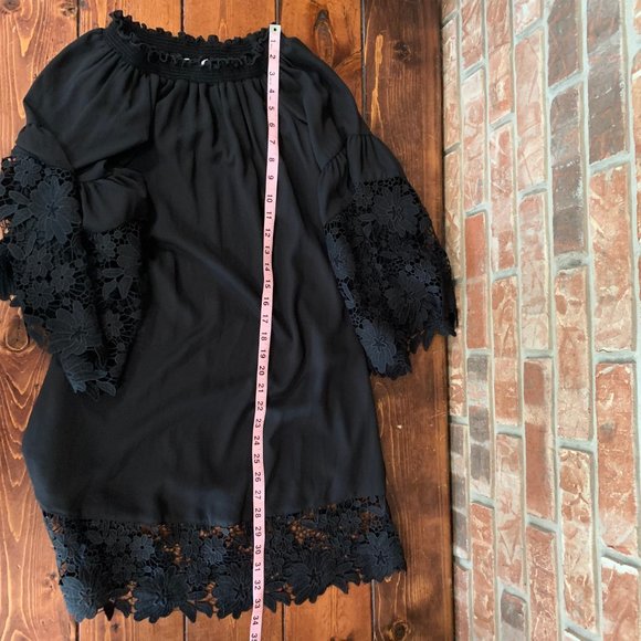 Joseph Ribkoff Guipure Bell Sleeve Women's X-Small Lace Trim A-Line Black Dress - Picture 13 of 15